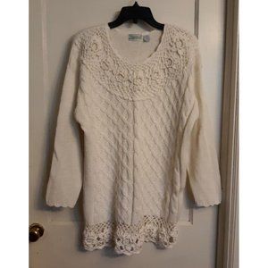 Shenanigans tunic hand knit sweater womens with crocheted flowers on neck hem